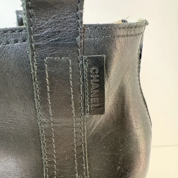 Pre Owned CHANEL Black Leather Peep-Toe Wedges - Picture 3 of 8